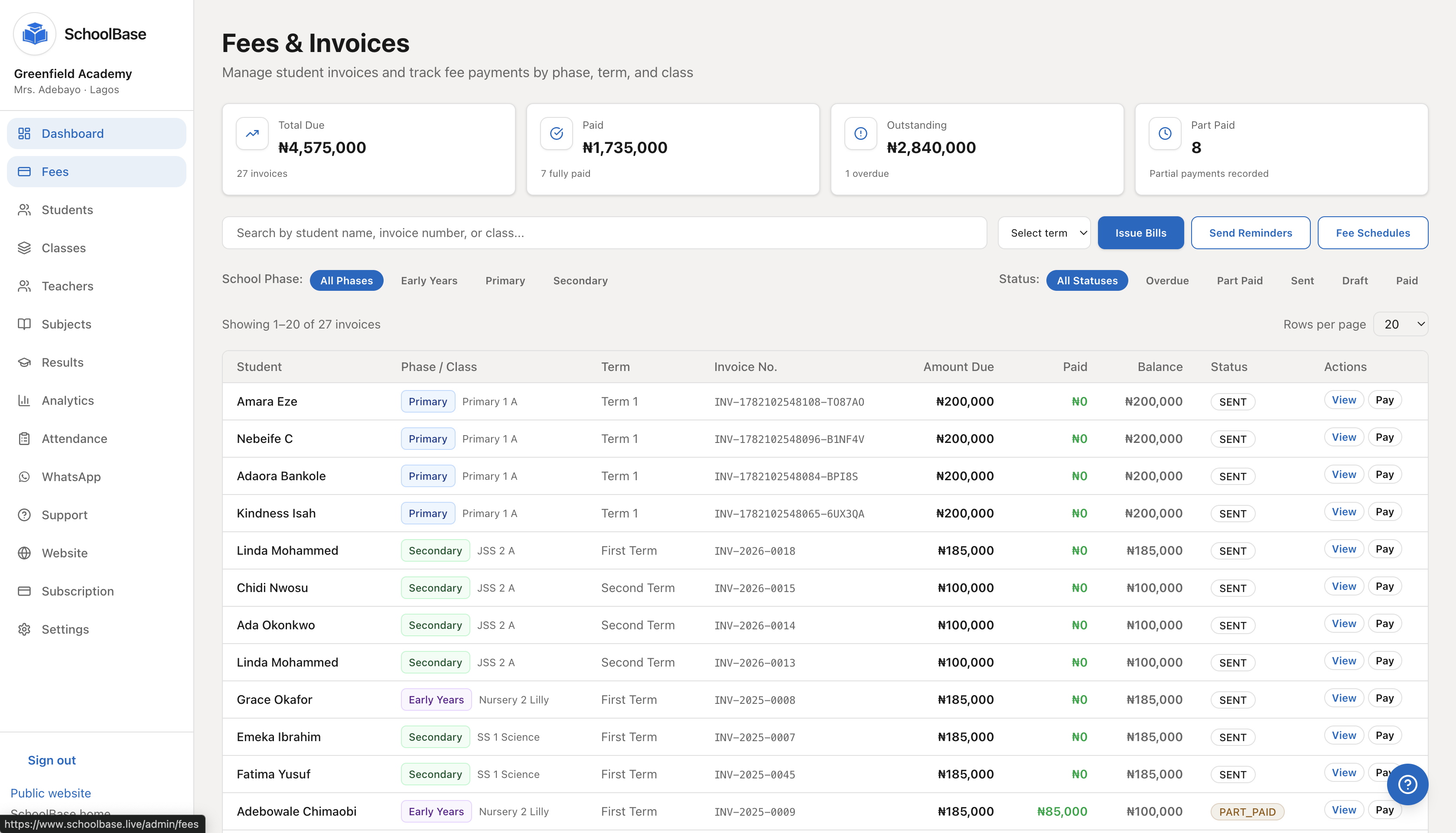 SchoolBase fees dashboard