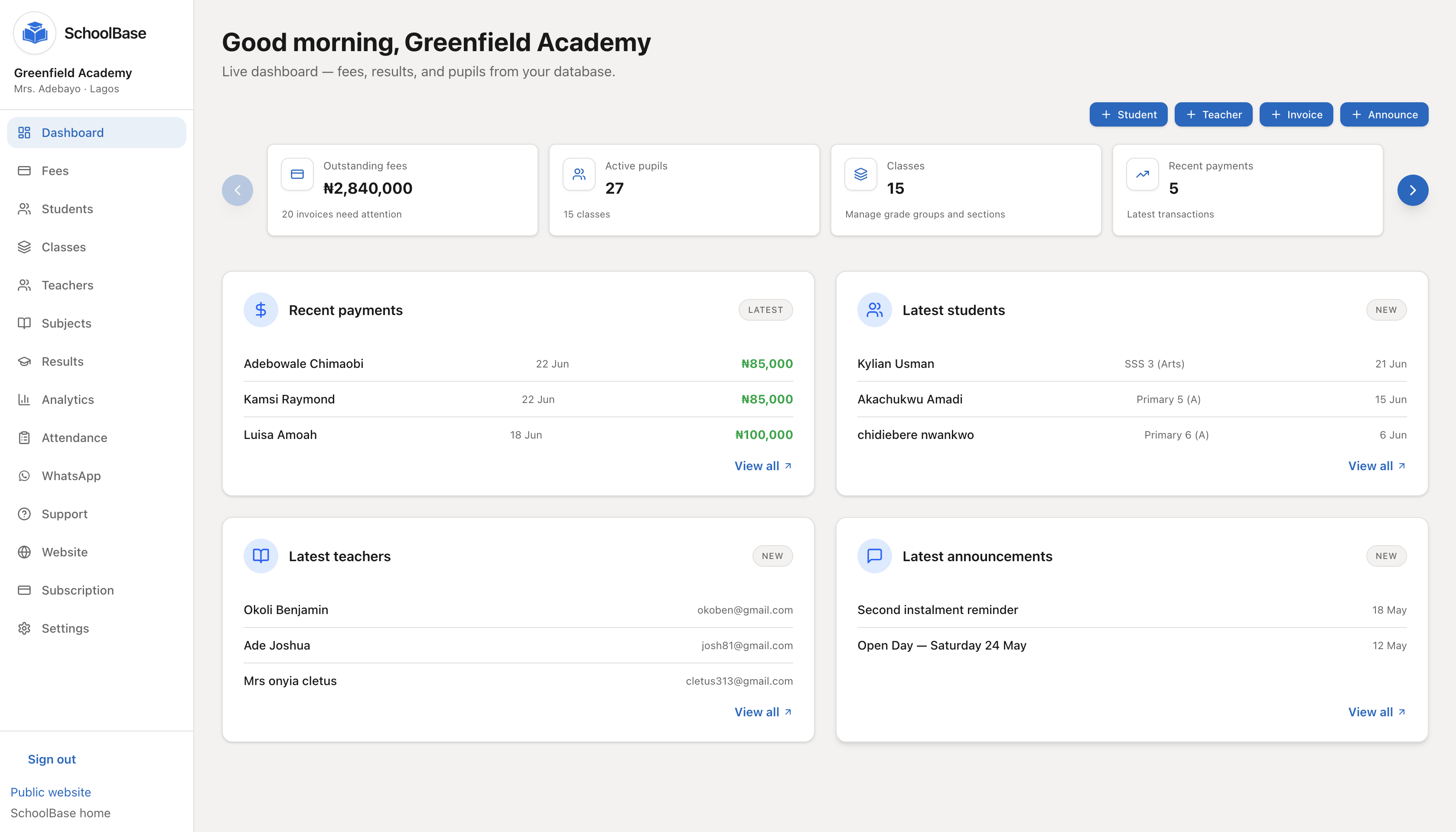 SchoolBase landing experience