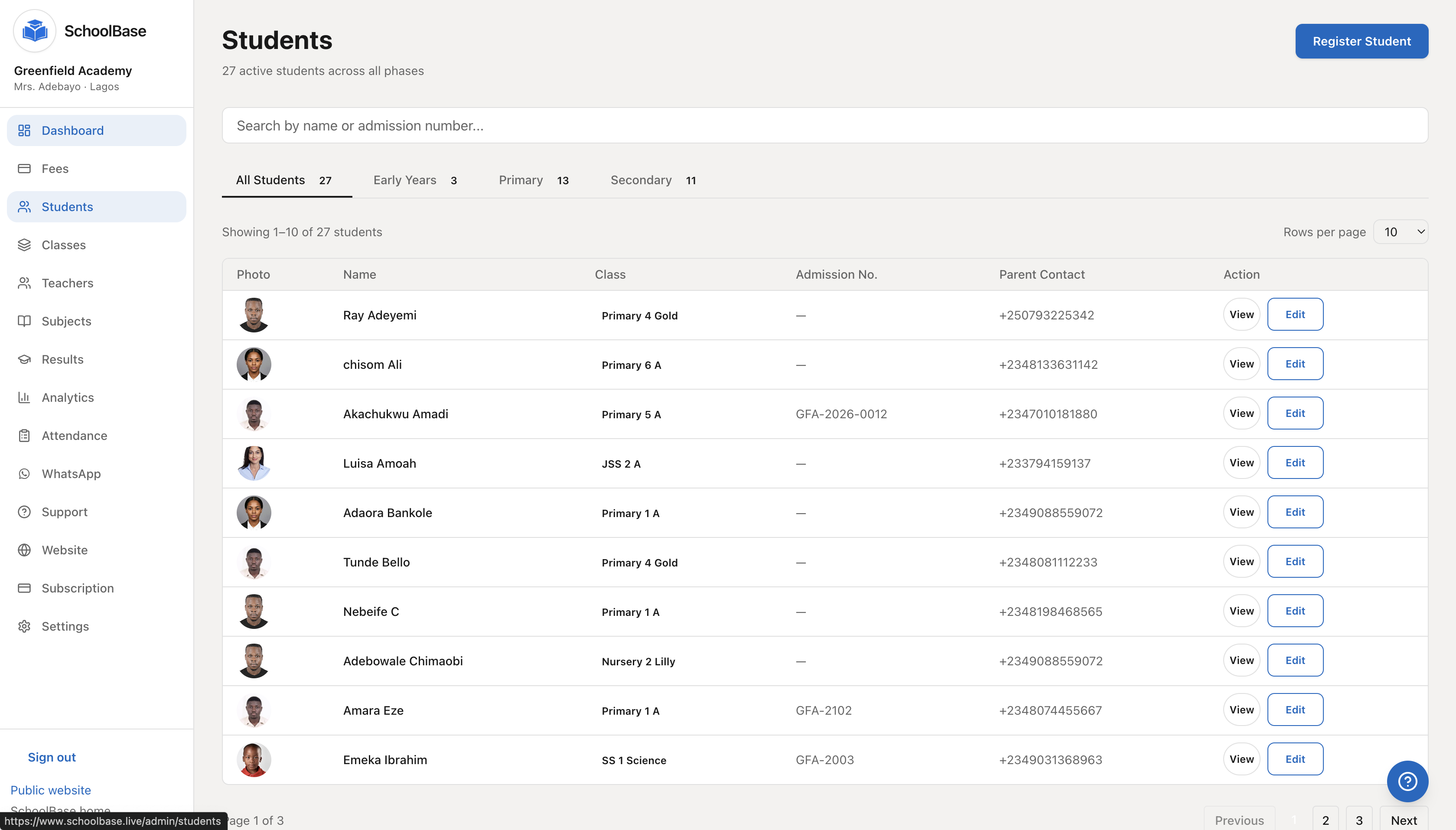 SchoolBase student list